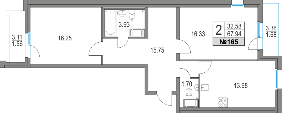 2-комнатная, 68 м² — ЖК ЖК Приморский квартал