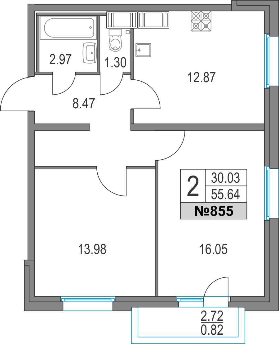 2-комнатная, 56 м² — ЖК ЖК Приморский квартал