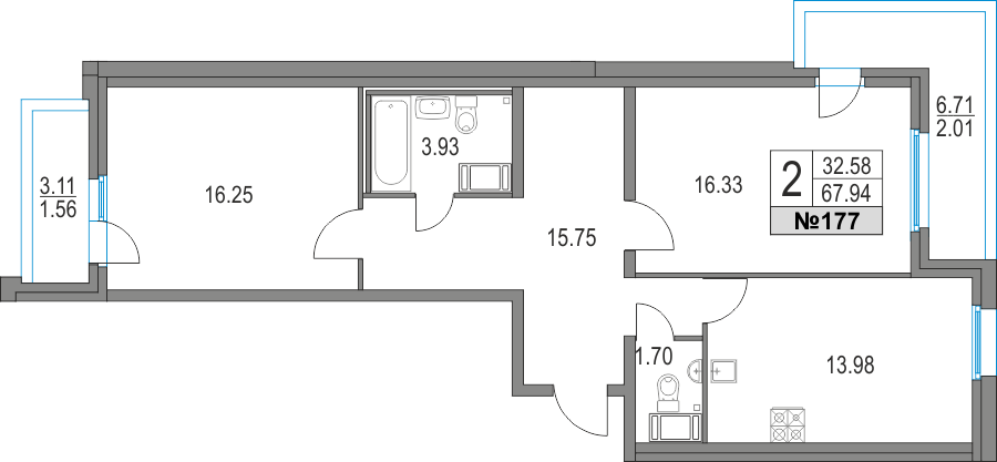 2-комнатная, 68 м² — ЖК ЖК Приморский квартал