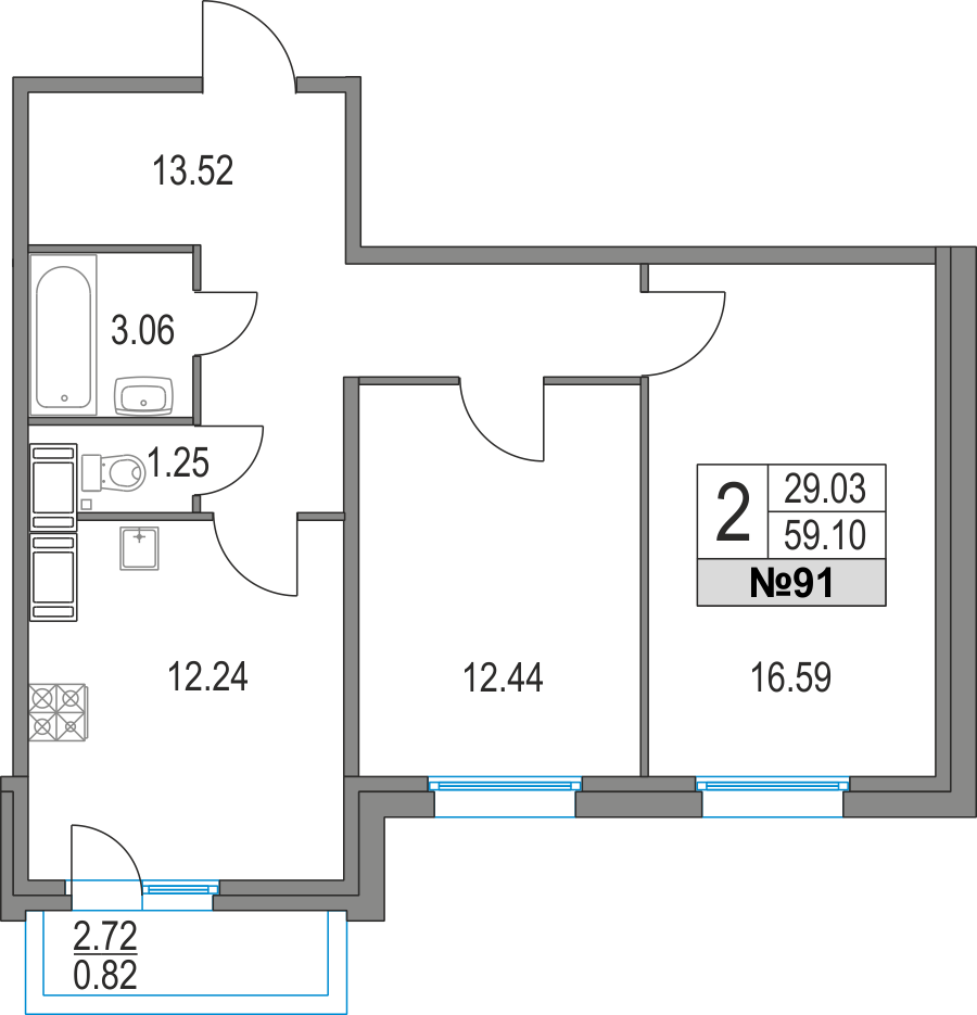 2-комнатная, 59 м² — ЖК ЖК Приморский квартал