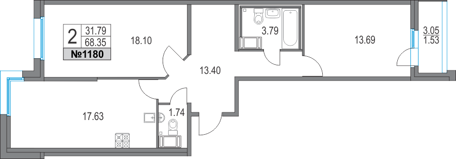 2-комнатная, 68 м² — ЖК ЖК Приморский квартал