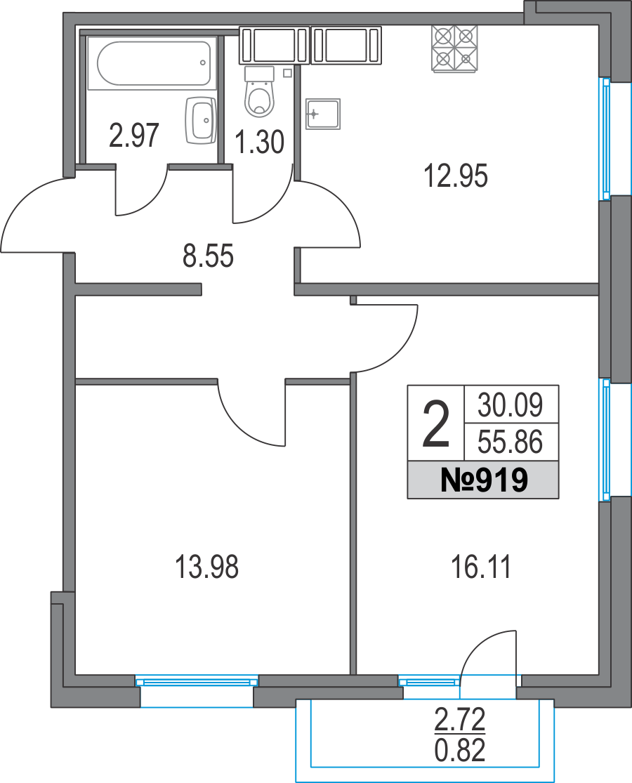2-комнатная, 56 м² — ЖК ЖК Приморский квартал