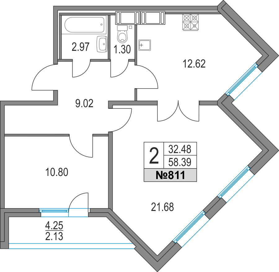 2-комнатная, 58 м² — ЖК ЖК Приморский квартал