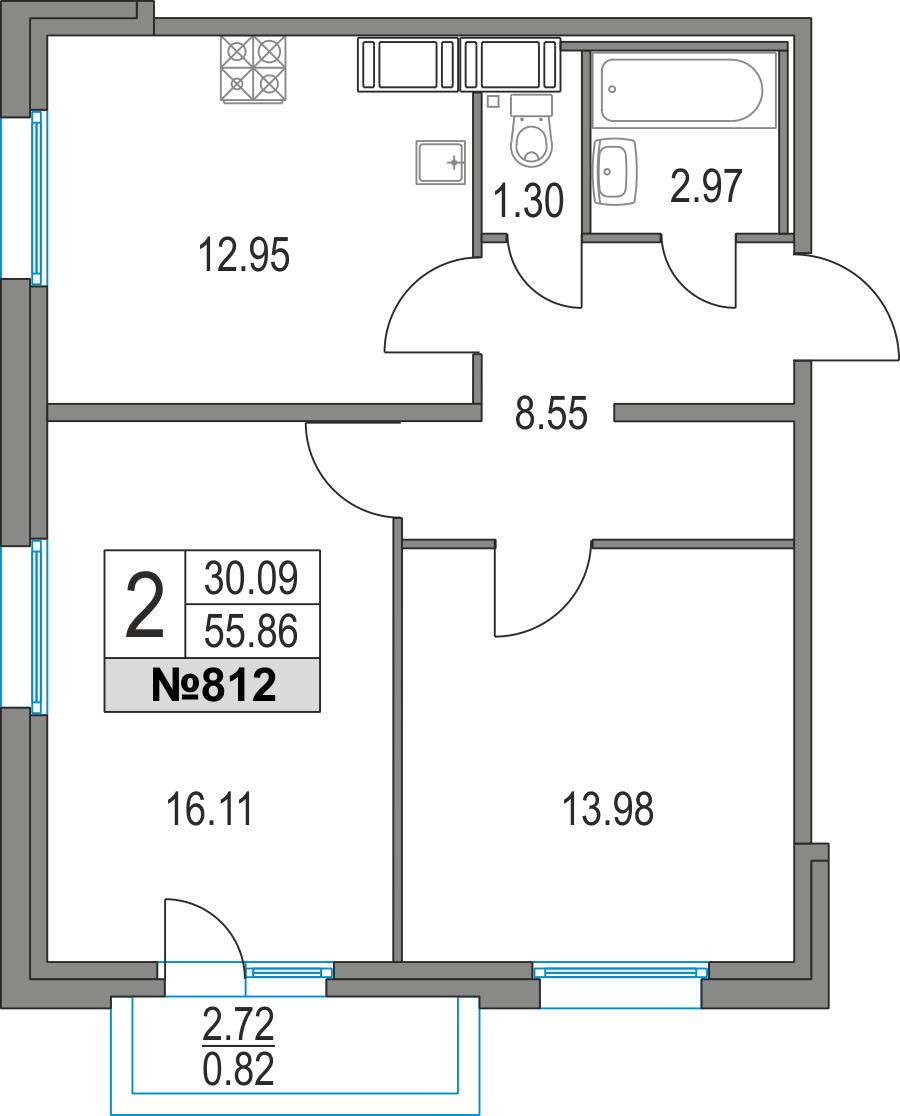2-комнатная, 56 м² — ЖК ЖК Приморский квартал