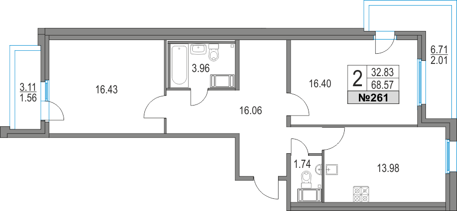 2-комнатная, 69 м² — ЖК ЖК Приморский квартал