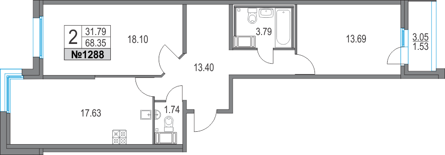 2-комнатная, 68 м² — ЖК ЖК Приморский квартал