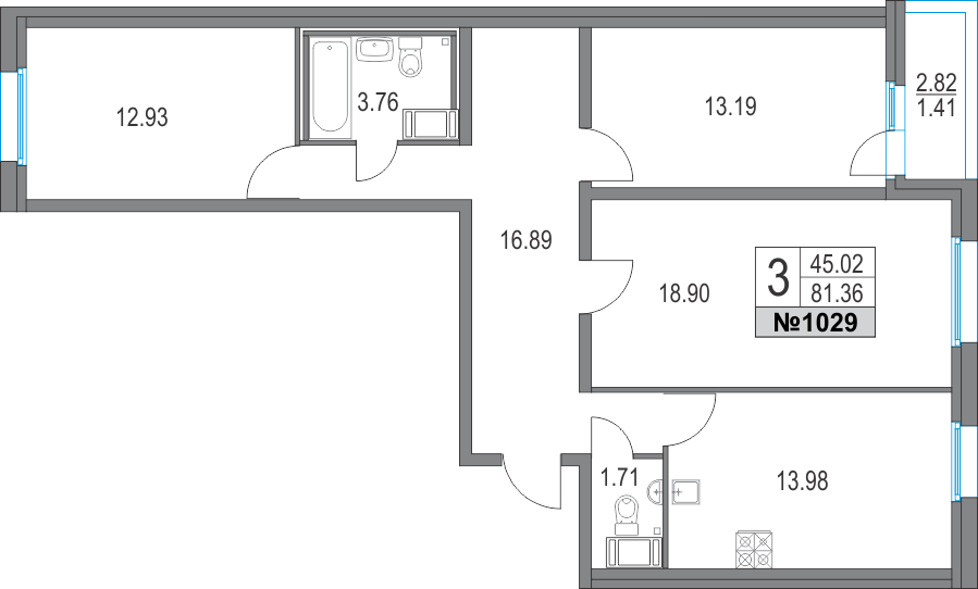 3-комнатная, 81 м² — ЖК ЖК Приморский квартал
