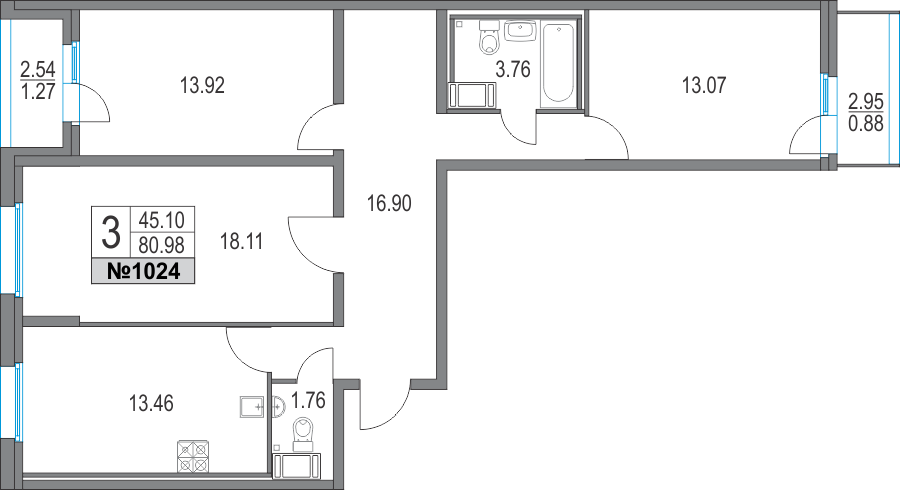 3-комнатная, 81 м² — ЖК ЖК Приморский квартал