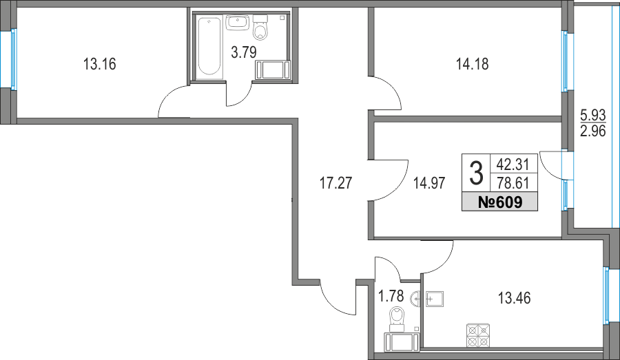 3-комнатная, 79 м² — ЖК ЖК Приморский квартал
