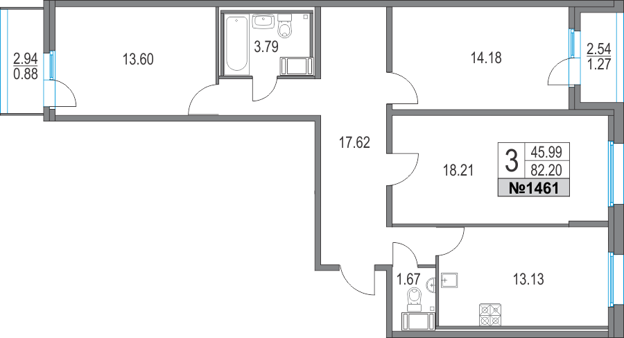 3-комнатная, 82 м² — ЖК ЖК Приморский квартал