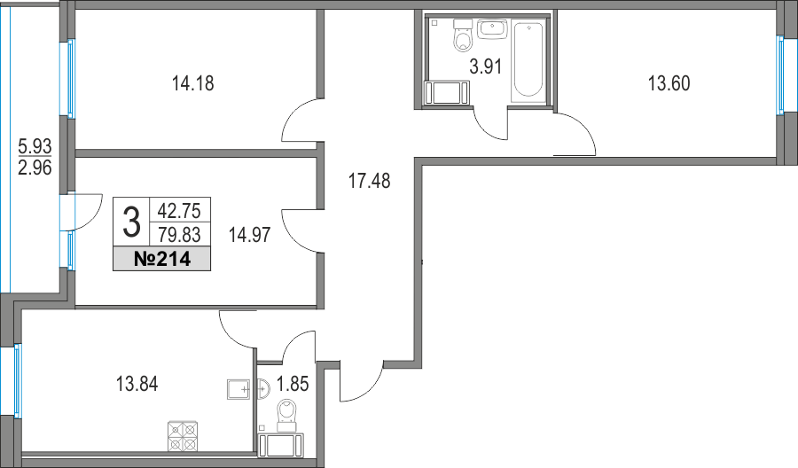 3-комнатная, 80 м² — ЖК ЖК Приморский квартал