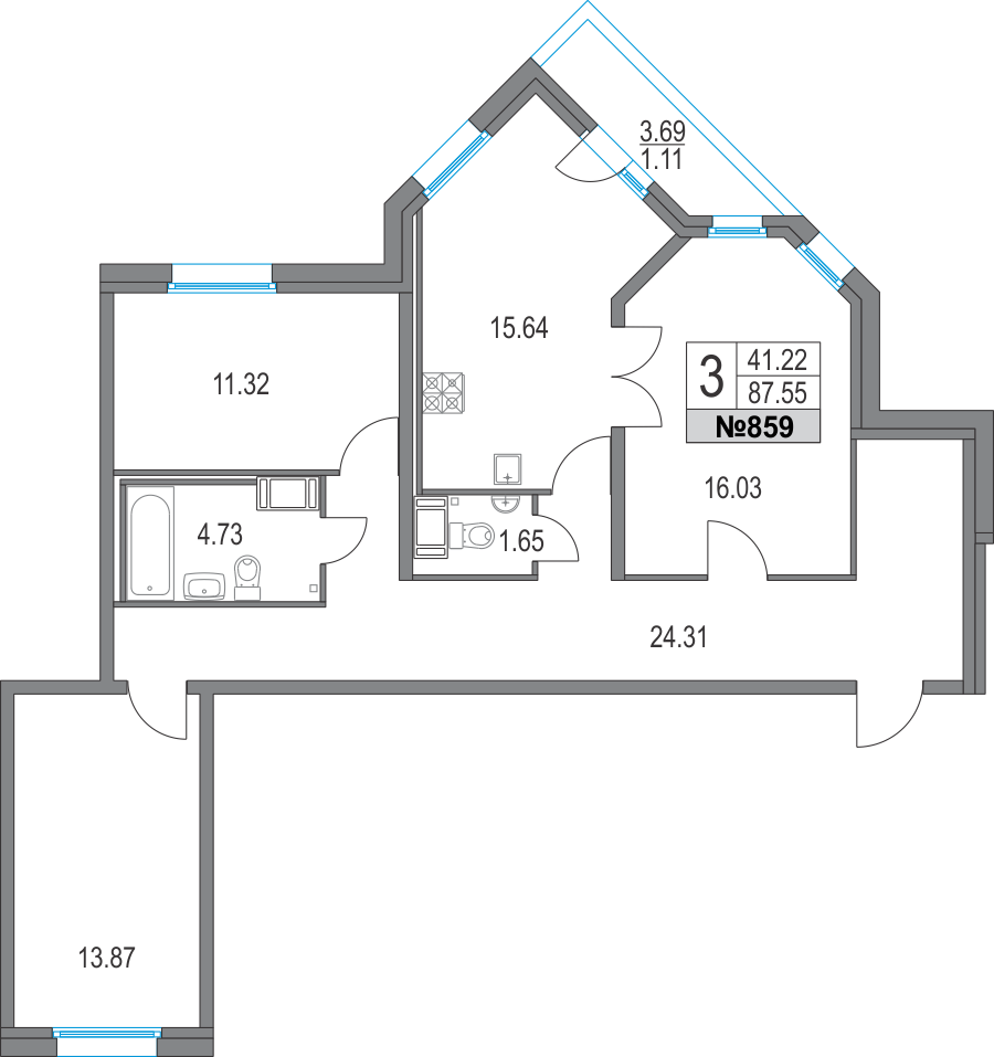 3-комнатная, 88 м² — ЖК ЖК Приморский квартал