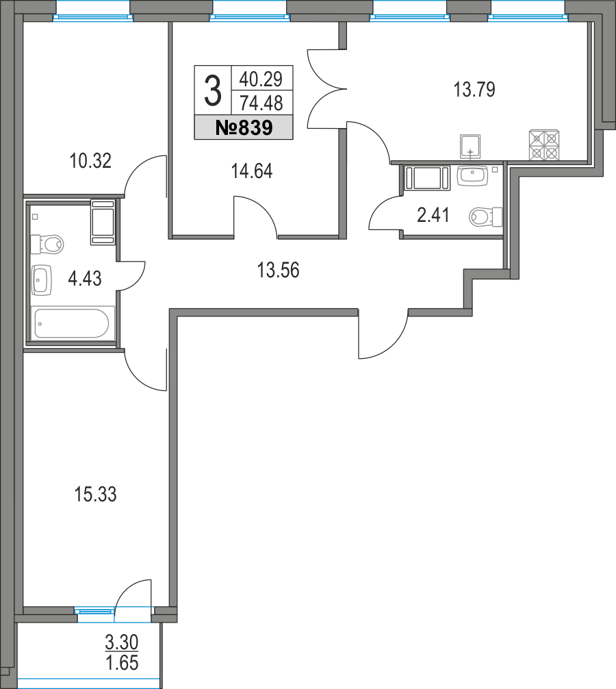 3-комнатная, 74 м² — ЖК ЖК Приморский квартал