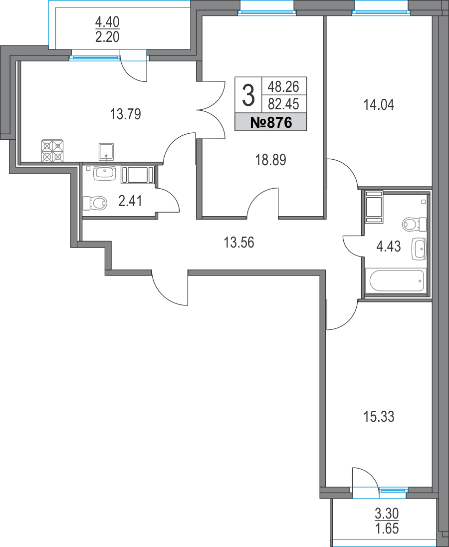 3-комнатная, 82 м² — ЖК ЖК Приморский квартал