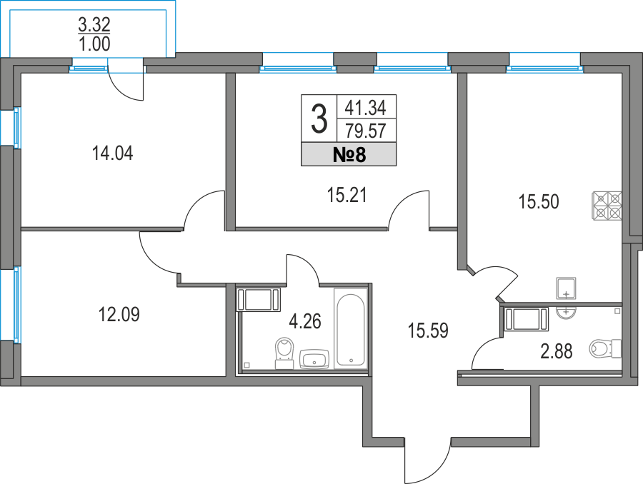 3-комнатная, 80 м² — ЖК ЖК Приморский квартал