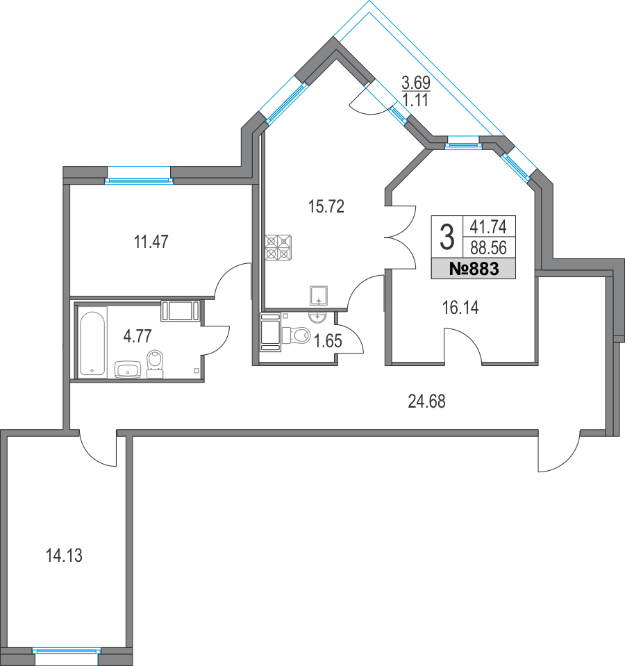3-комнатная, 89 м² — ЖК ЖК Приморский квартал