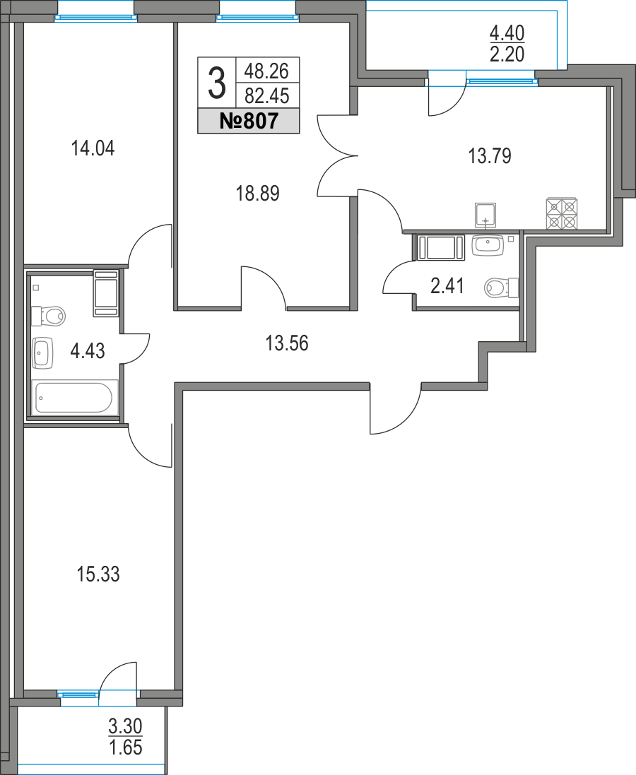 3-комнатная, 82 м² — ЖК ЖК Приморский квартал