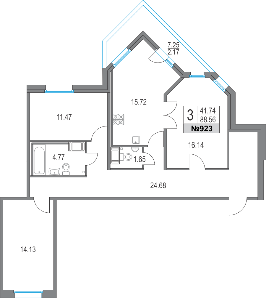 3-комнатная, 89 м² — ЖК ЖК Приморский квартал