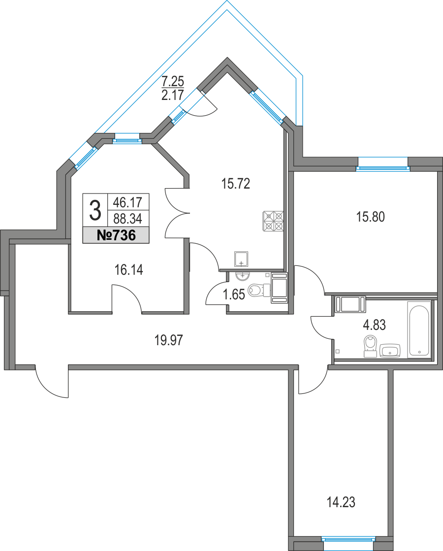 3-комнатная, 88 м² — ЖК ЖК Приморский квартал