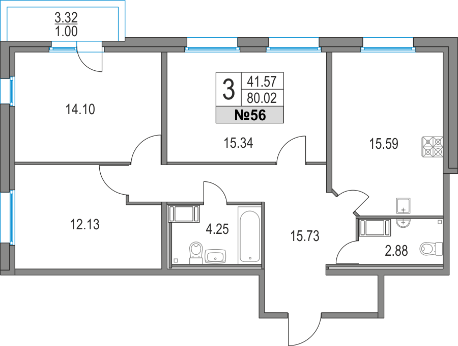 3-комнатная, 80 м² — ЖК ЖК Приморский квартал