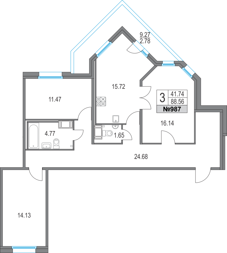 3-комнатная, 89 м² — ЖК ЖК Приморский квартал