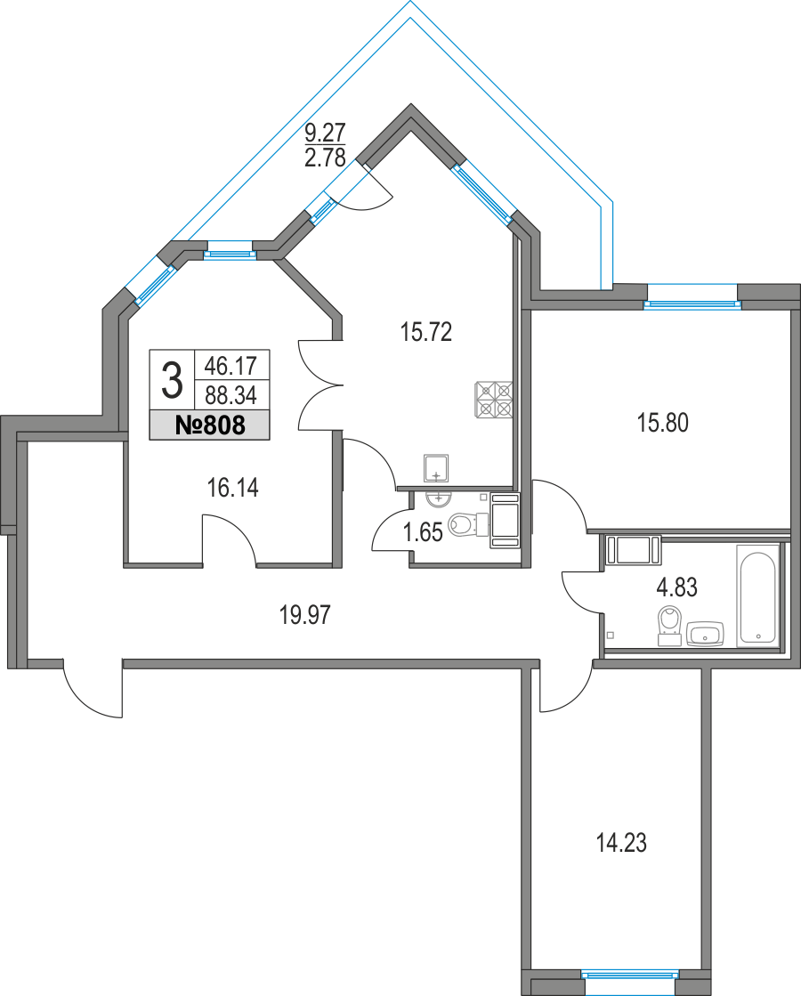 3-комнатная, 88 м² — ЖК ЖК Приморский квартал