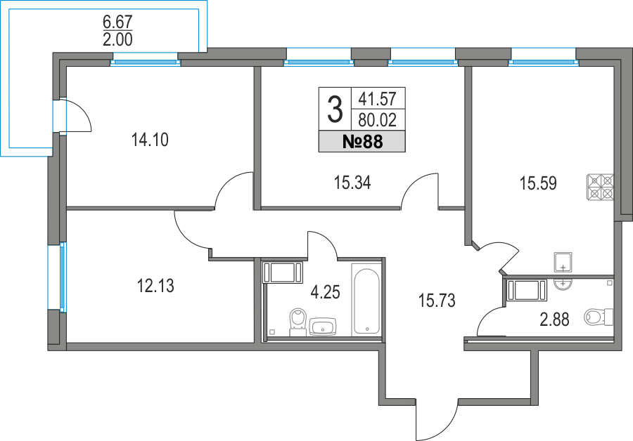 3-комнатная, 80 м² — ЖК ЖК Приморский квартал