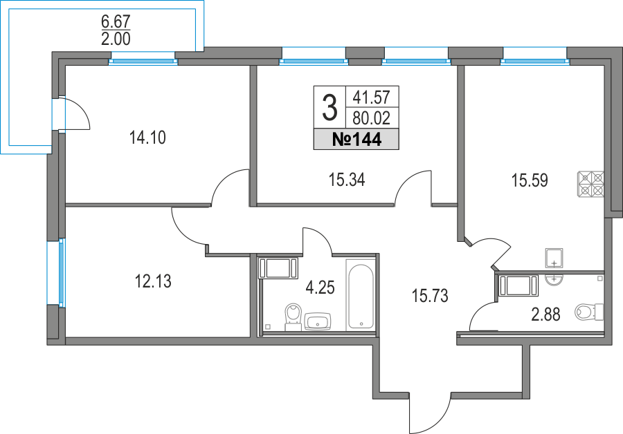 3-комнатная, 80 м² — ЖК ЖК Приморский квартал