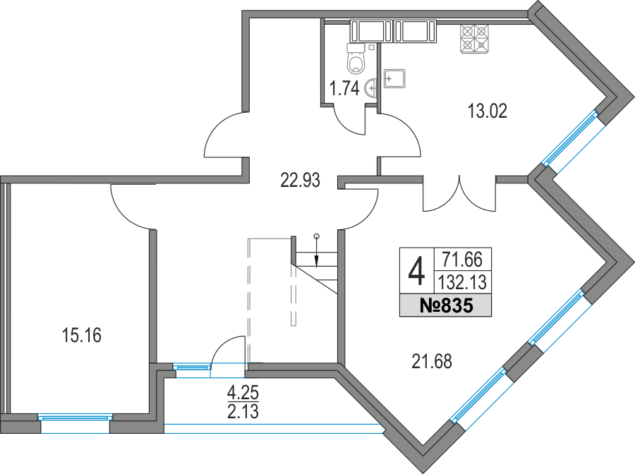 4-комнатная, 132 м² — ЖК ЖК Приморский квартал