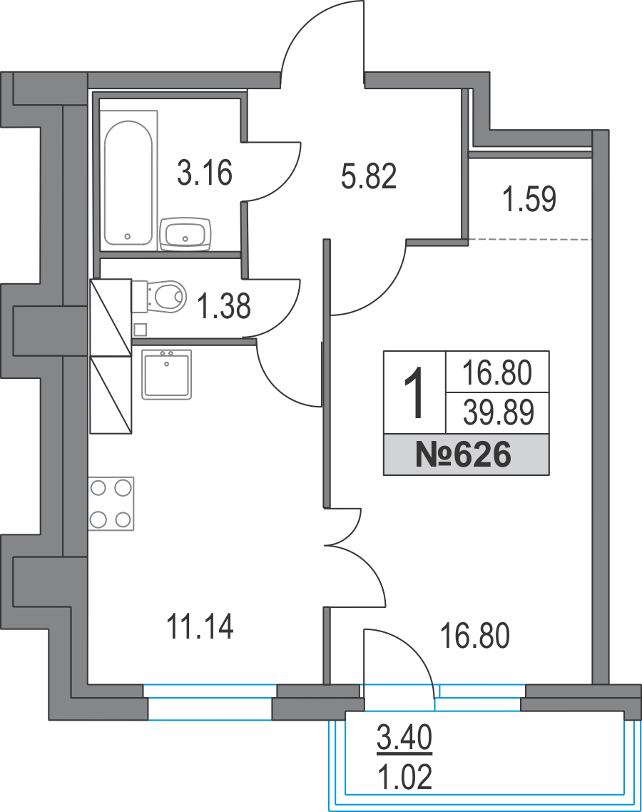 1-комнатная, 40 м² — ЖК ЖК Приморский квартал