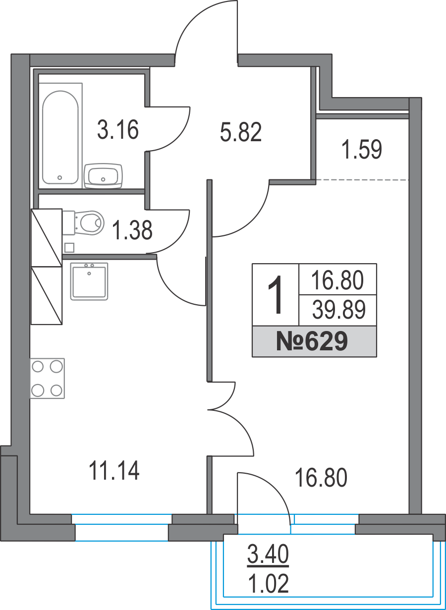 1-комнатная, 40 м² — ЖК ЖК Приморский квартал