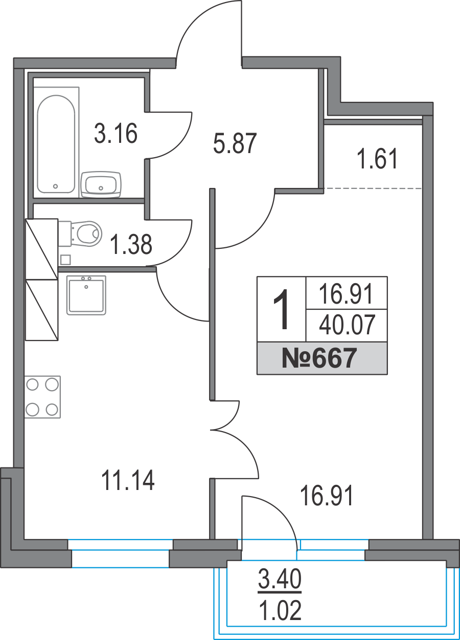 1-комнатная, 40 м² — ЖК ЖК Приморский квартал
