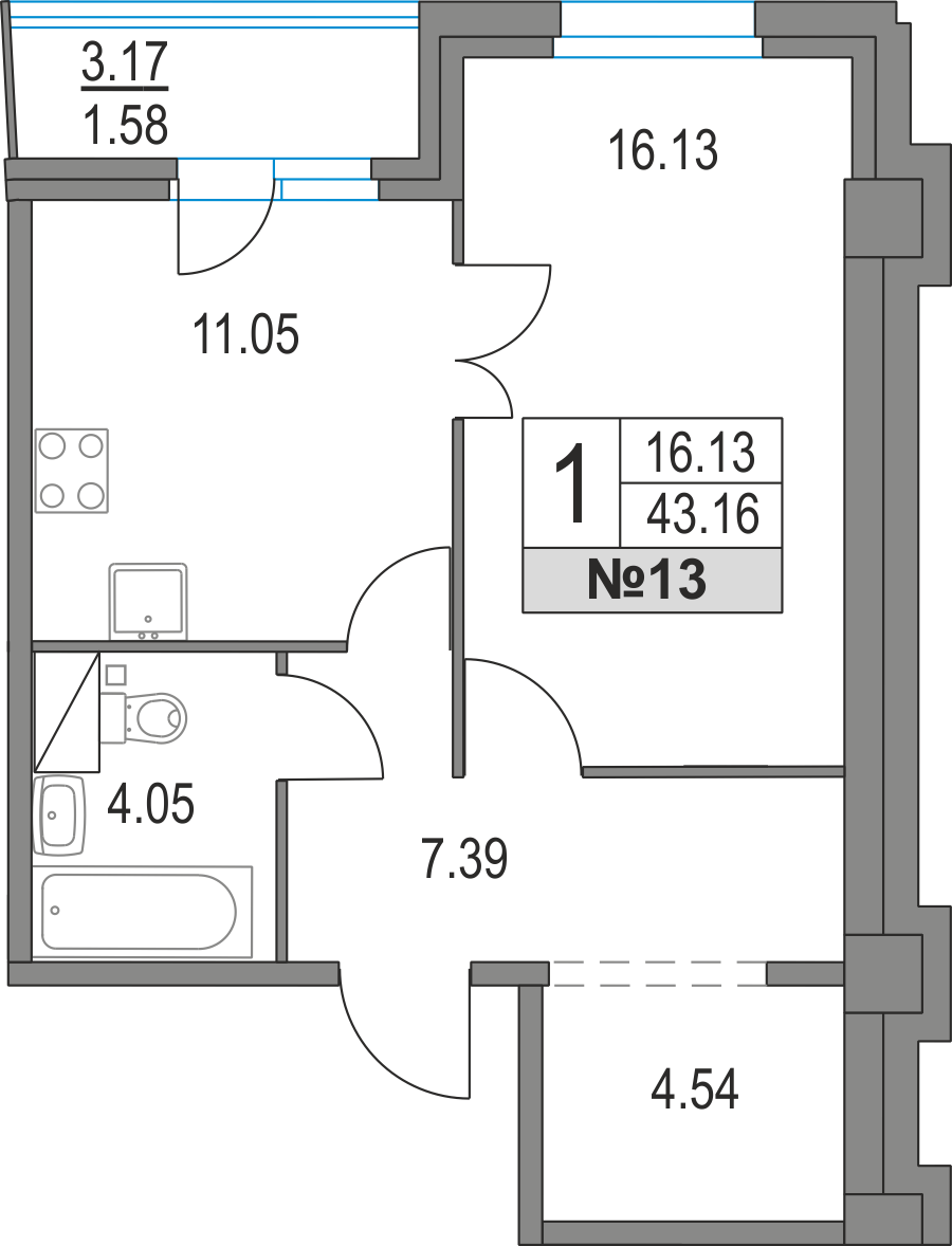 1-комнатная, 43 м² — ЖК ЖК Приморский квартал