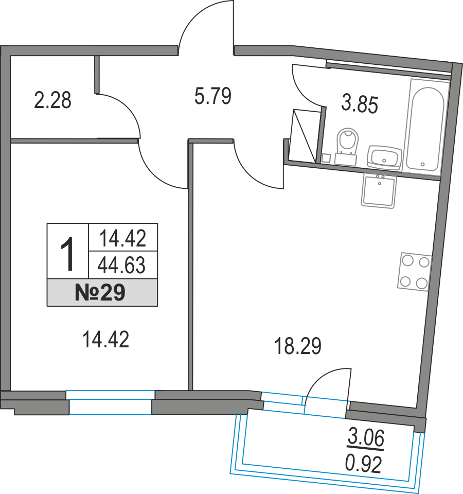 1-комнатная, 45 м² — ЖК ЖК Приморский квартал
