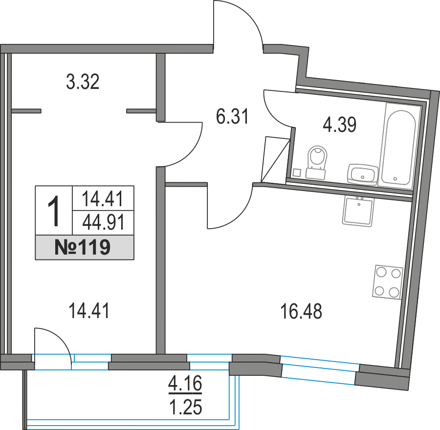 1-комнатная, 45 м² — ЖК ЖК Приморский квартал