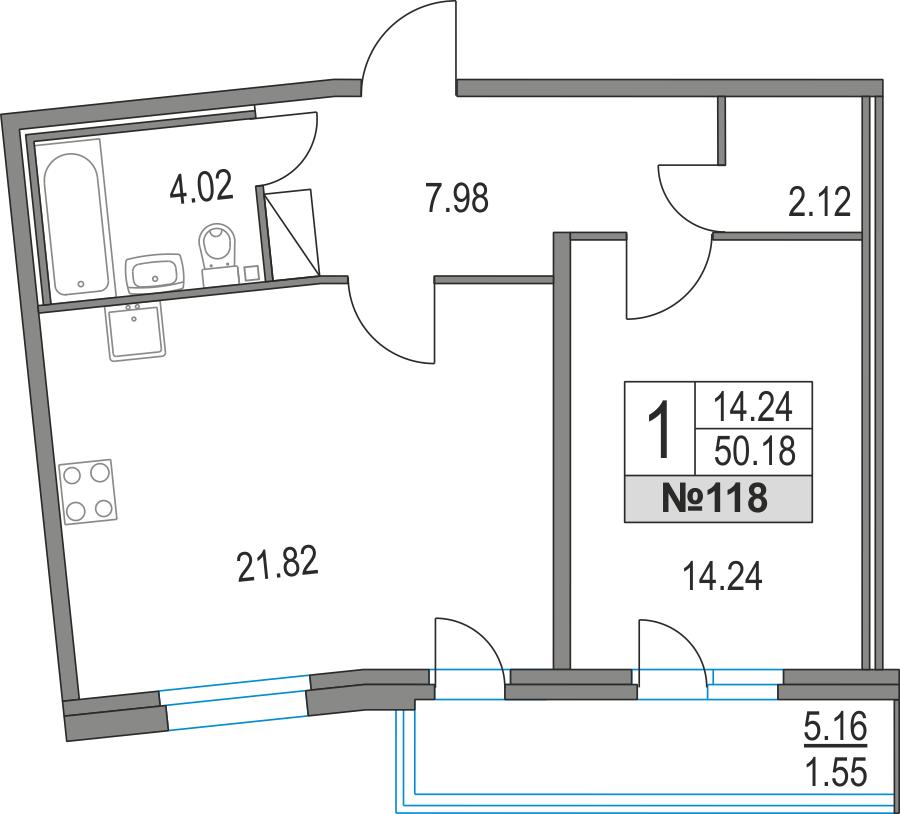 1-комнатная, 50 м² — ЖК ЖК Приморский квартал