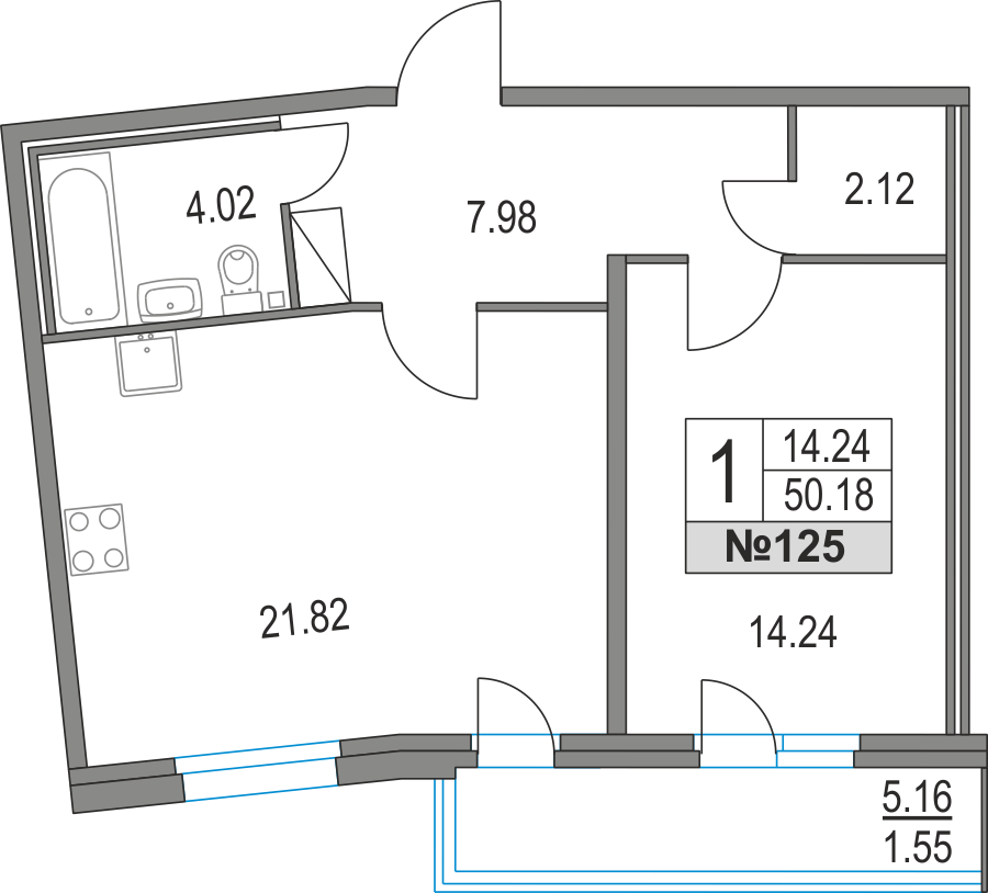 1-комнатная, 50 м² — ЖК ЖК Приморский квартал