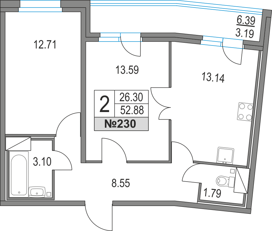 2-комнатная, 53 м² — ЖК ЖК Приморский квартал