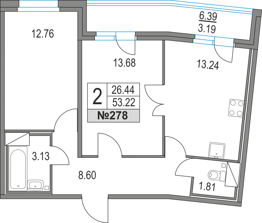 2-комнатная, 53 м² — ЖК ЖК Приморский квартал