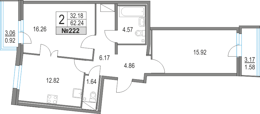 2-комнатная, 62 м² — ЖК ЖК Приморский квартал