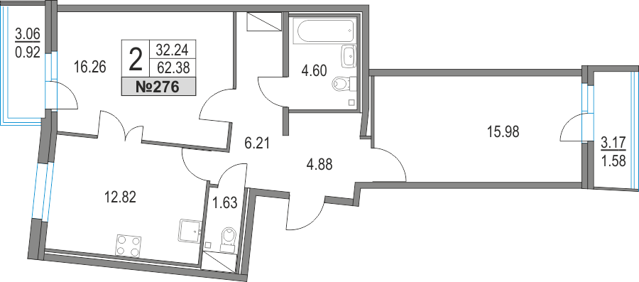 2-комнатная, 62 м² — ЖК ЖК Приморский квартал