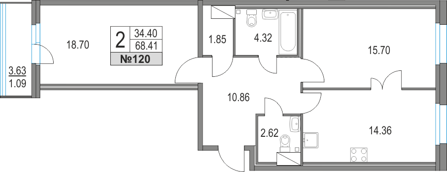 2-комнатная, 68 м² — ЖК ЖК Приморский квартал
