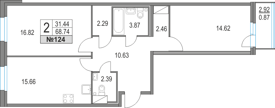 2-комнатная, 69 м² — ЖК ЖК Приморский квартал