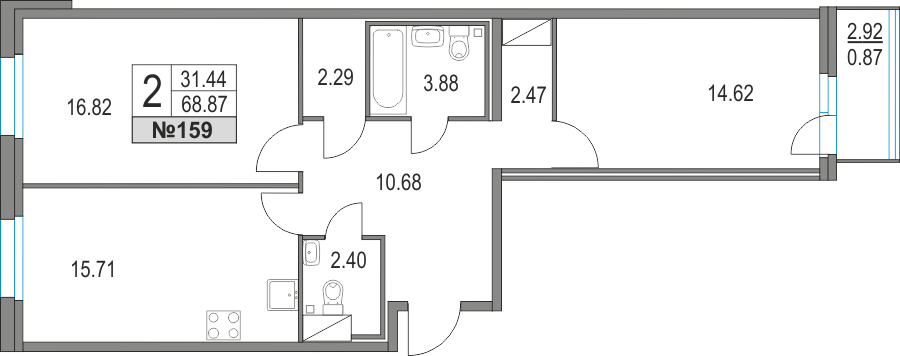 2-комнатная, 69 м² — ЖК ЖК Приморский квартал