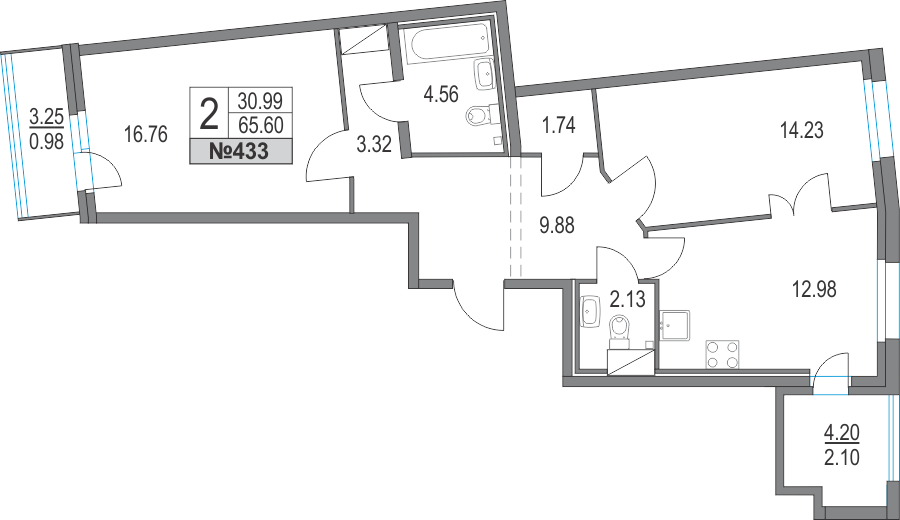 2-комнатная, 66 м² — ЖК ЖК Приморский квартал