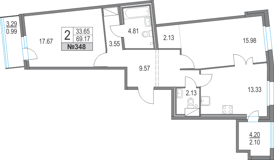 2-комнатная, 69 м² — ЖК ЖК Приморский квартал