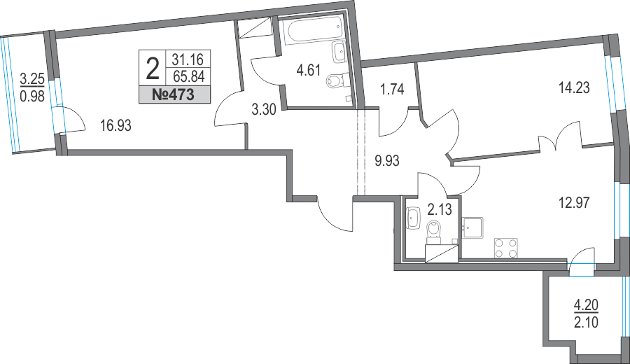 2-комнатная, 66 м² — ЖК ЖК Приморский квартал