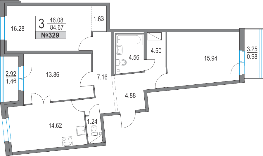 3-комнатная, 85 м² — ЖК ЖК Приморский квартал