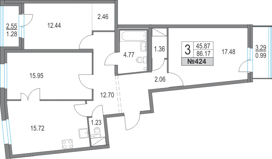 3-комнатная, 86 м² — ЖК ЖК Приморский квартал