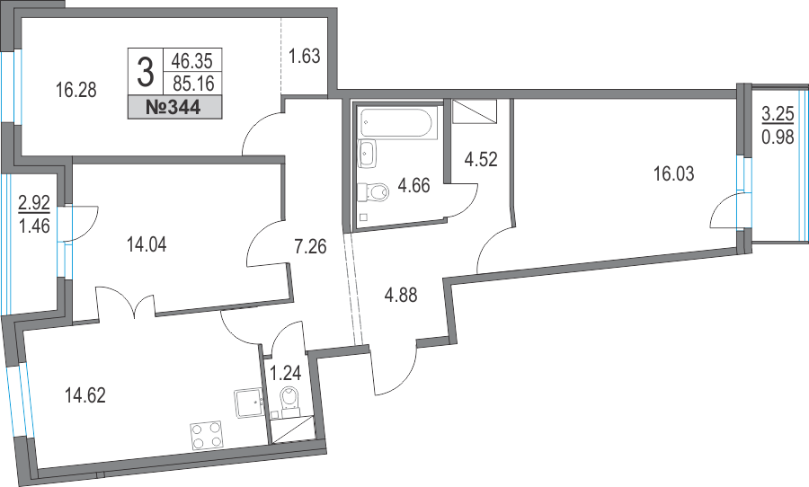 3-комнатная, 85 м² — ЖК ЖК Приморский квартал